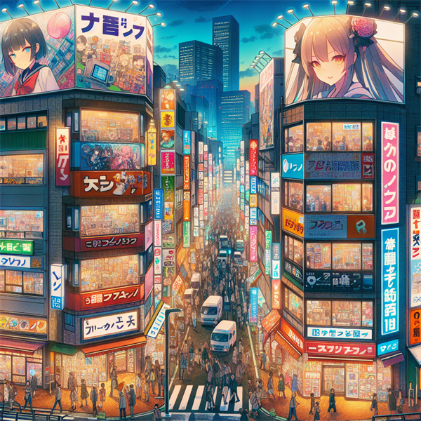 A street in Akihabara lined with bright signs of anime characters and electronics shops