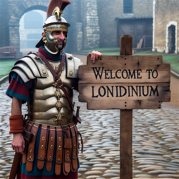 A Roman soldier standing next to a sign that says 'Welcome to Londinium'