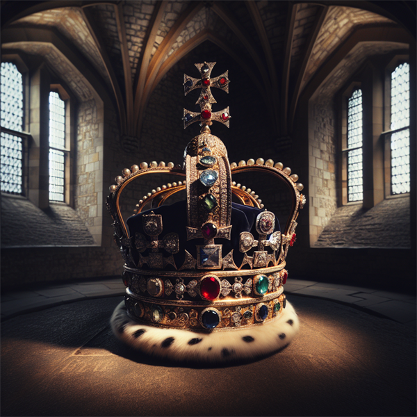 A sparkling crown filled with jewels inside the Tower of London