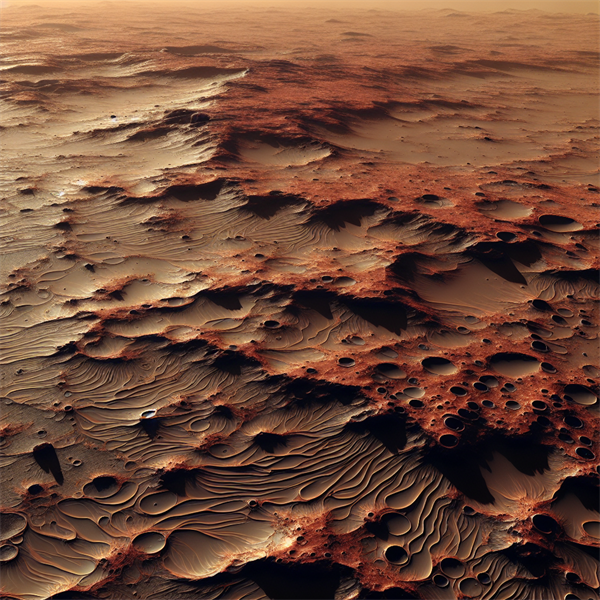 A rusty, red surface of Mars.