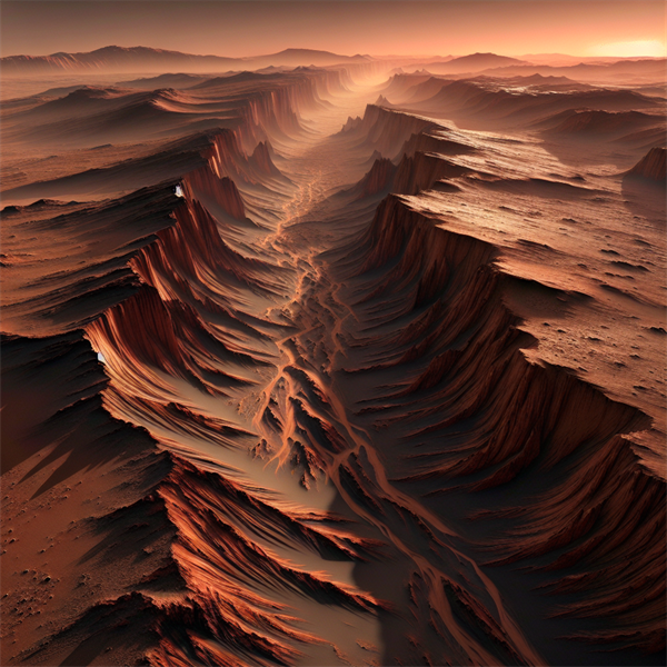 A long and deep canyon stretching across the surface of Mars.