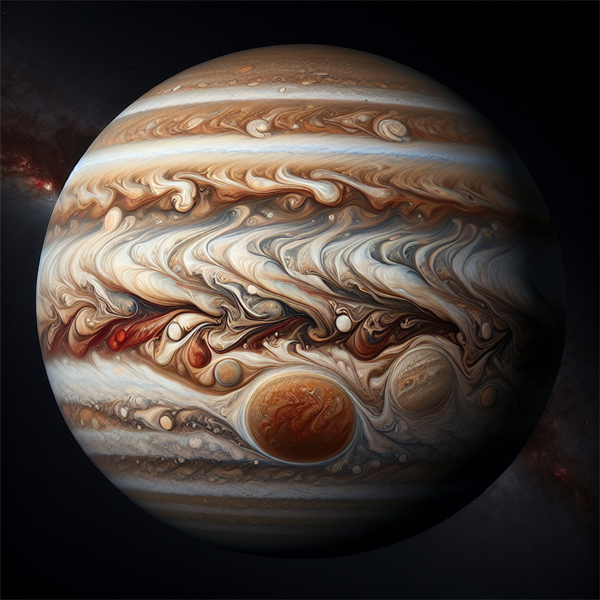Jupiter with a big red spot shaped like a storm cloud.