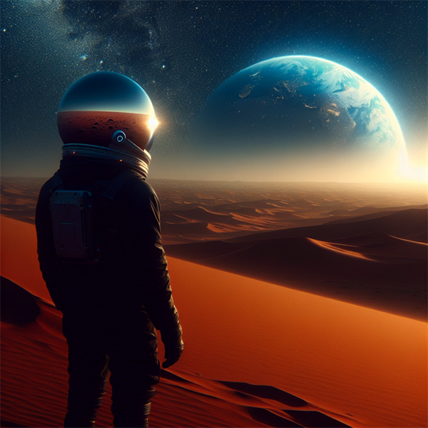 A person standing on Mars, looking at Earth in the sky.
