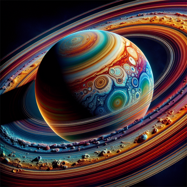 A planet with large, colorful rings around it