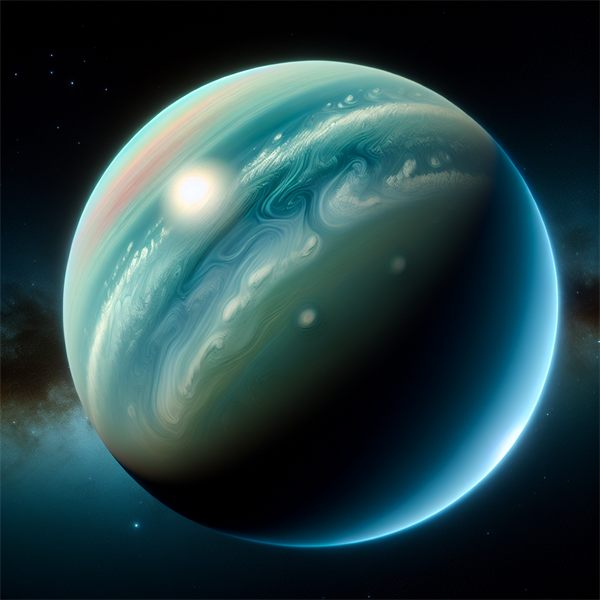 A blue-green planet with a hazy atmosphere