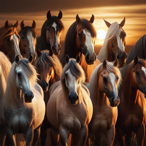 A group of horses of different breeds standing together.