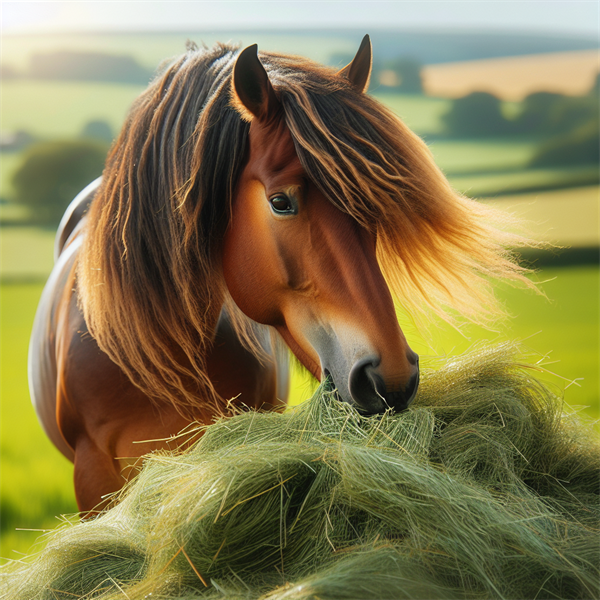 A horse happily munching on a pile of hay.