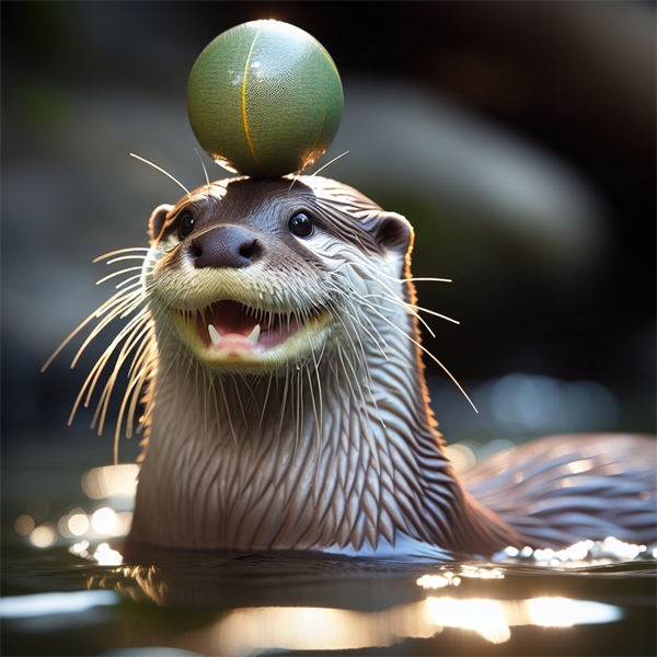 An otter balancing a ball on its nose, looking happy