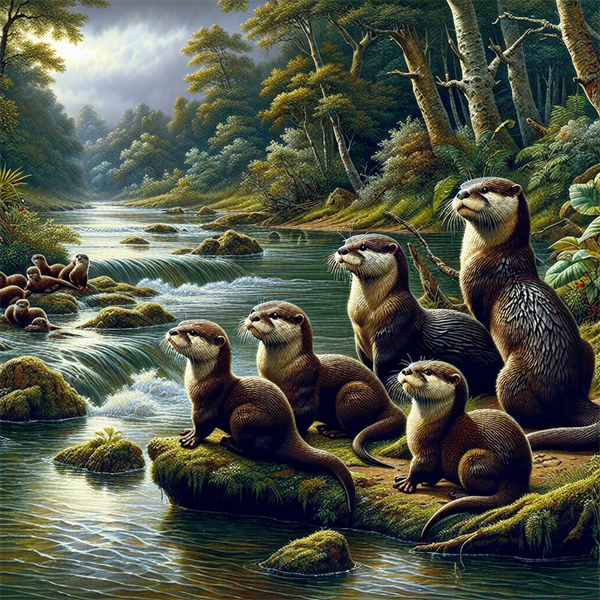 An otter family on the banks of a river, looking at the water