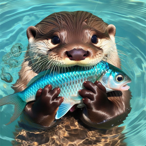 An otter holding a fish in its paws, ready to eat