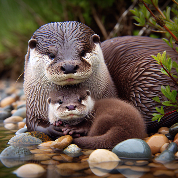 A tiny otter pup snuggling with its mother