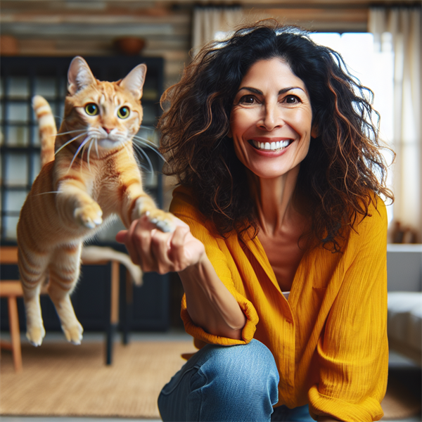 A person smiling and playing with their cat