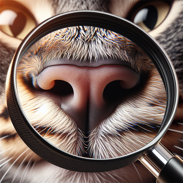 A close-up of a cat's nose with a magnifying glass