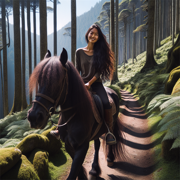 A person riding a horse along a scenic trail