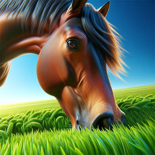 A horse sniffing a patch of grass with an alert expression