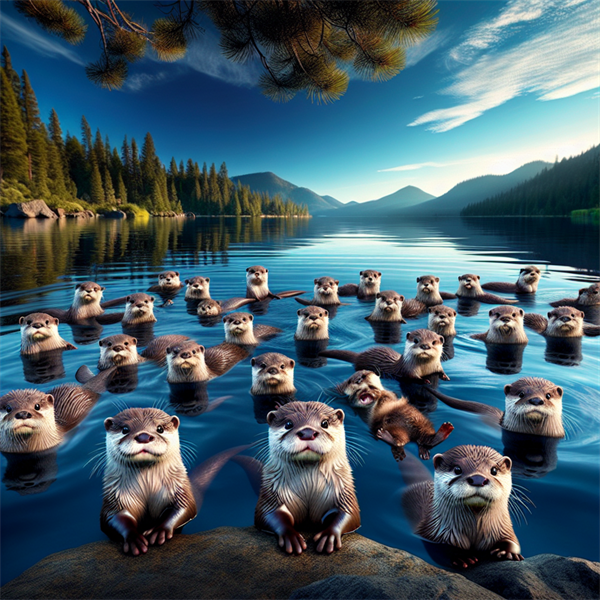 A raft of otters floating together on the surface of a lake.