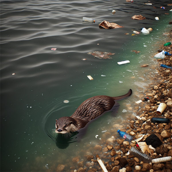 An otter swimming near a polluted shoreline.