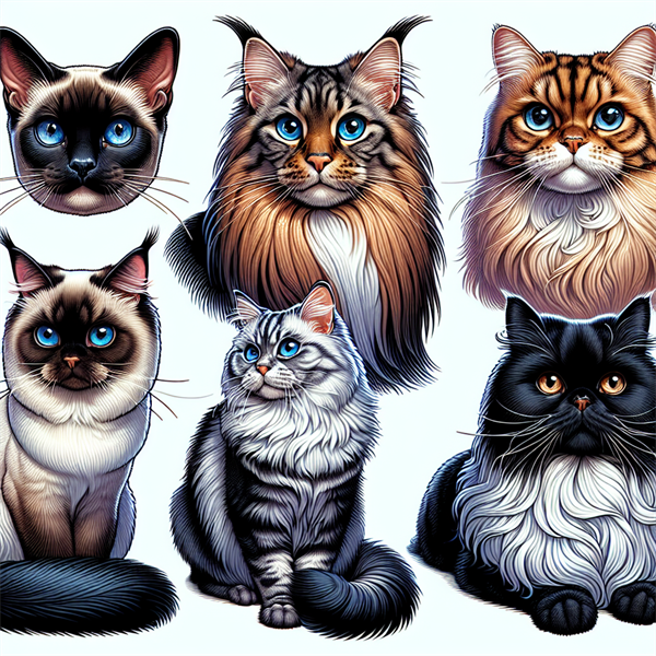 A variety of cat breeds shown together, highlighting their differences.