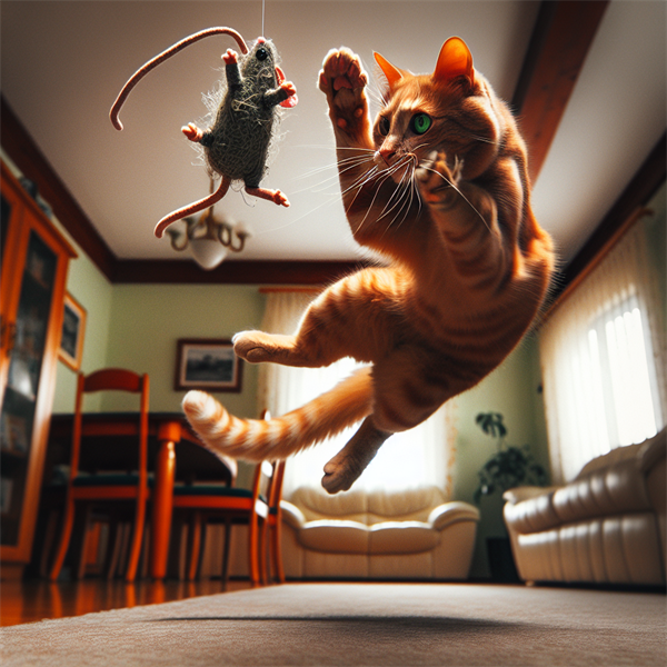 A cat leaping high into the air, chasing a toy.
