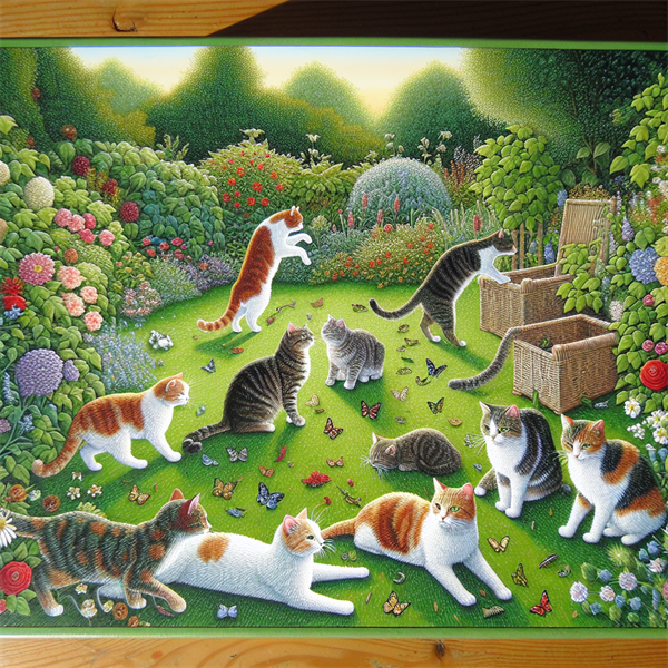 A group of cats, or a 'clowder', playing together in a garden.