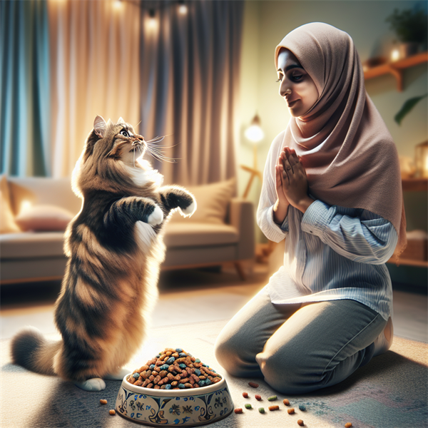 A cat meowing at a person holding a bowl of food.