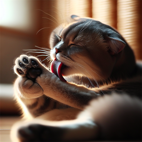 A cat licking its paw and grooming itself.