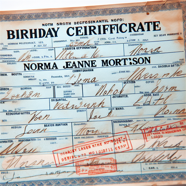 A birth certificate with the name Norma Jeane Mortenson.