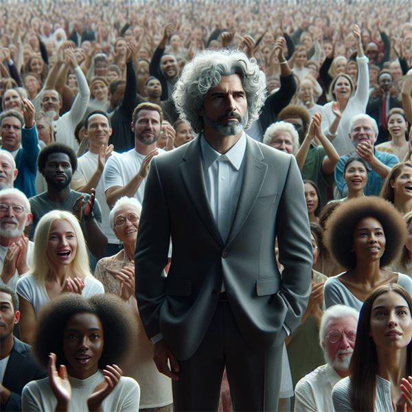 Einstein standing on a pedestal with a crowd of people clapping and cheering below.