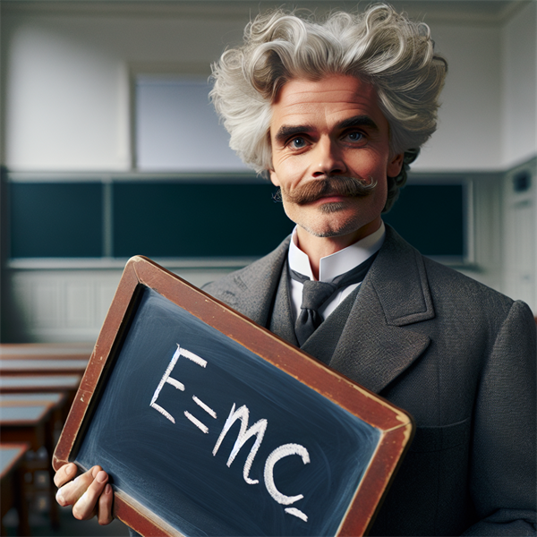 Einstein holding a chalkboard with E=mc² written on it again, looking very proud.