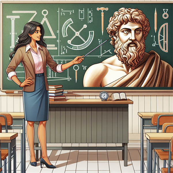 A classroom with a teacher pointing to a picture of Archimedes on the board.