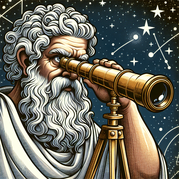 A cartoon of Archimedes looking through a telescope.