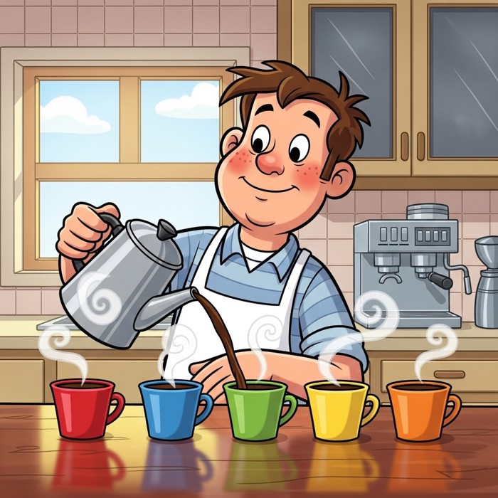 A cartoon barista in an apron cheerfully pouring hot coffee from a pot into a row of mugs, steam rising, bright kitchen background.