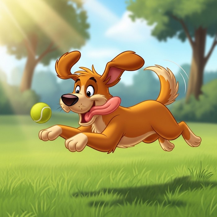 A cute cartoon dog bounding across green park grass, chasing a small yellow ball, tongue out, tail wagging, sunshine in the background.