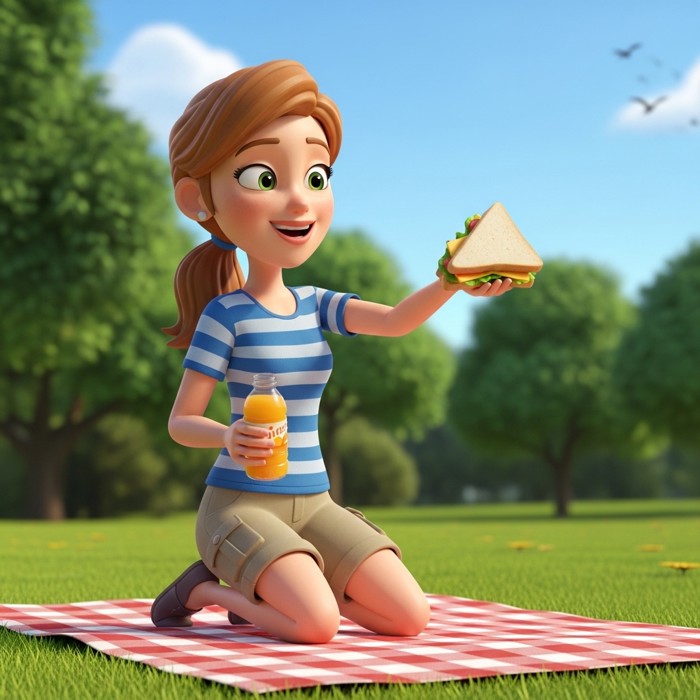 A smiling cartoon mum kneeling on a picnic blanket, holding up a sandwich in one hand and a bottle of juice in the other, sunny park setting.
