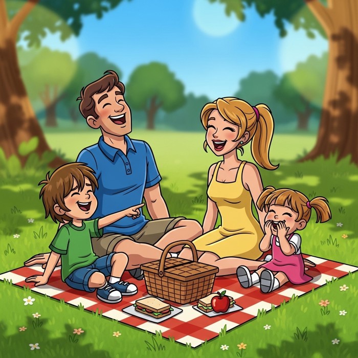 A cartoon family of four sitting in a circle on a picnic blanket in the park, laughing together, warm sunny afternoon light.