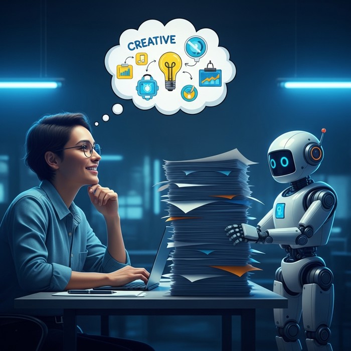 A smiling person at a desk thinking of creative ideas in a thought bubble, while a small friendly robot beside them sorts through a tall stack of paperwork with ease.