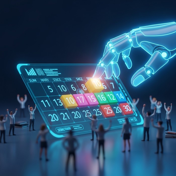 A digital calendar with colorful time blocks being rearranged by a glowing blue robotic hand, while tiny cartoon office workers cheer in the background.