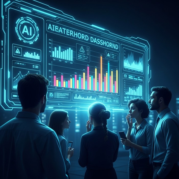 A glowing AI dashboard on a large screen showing colorful bar charts and alert icons, with a small team of workers gathering around it with concerned but curious expressions.