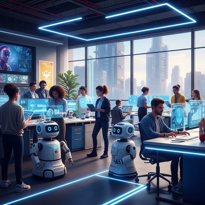 A group of diverse people in futuristic offices working alongside friendly robots, with bright colors, large windows, and a feeling of energy and creativity.