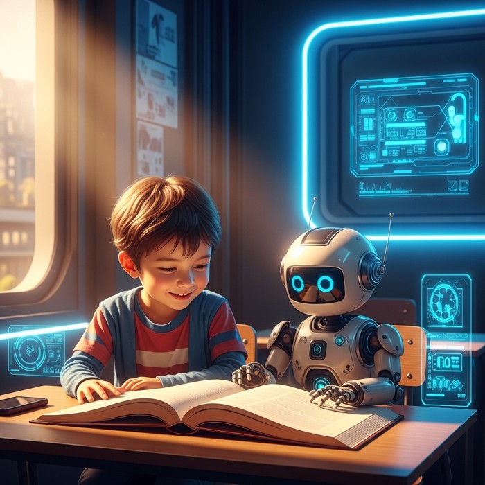 A cheerful child and a small robot sitting side by side at a classroom table, both reading a big open book, warm afternoon light streaming through the window.