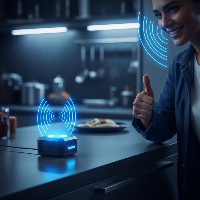 A small smart speaker on a kitchen counter glowing blue, with sound waves coming out of it, while a person nearby smiles and gives a thumbs up.