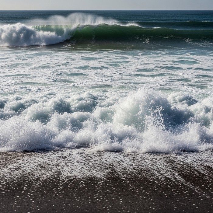 Larger afternoon waves rolling in with more force, crashing loudly against the shore and sending spray higher up the darkening sand