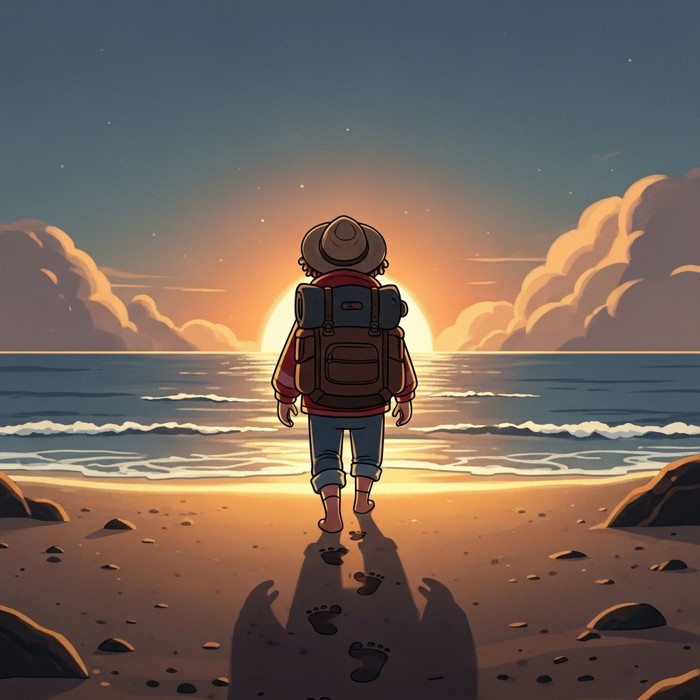 A lone traveler walking slowly away from the shore at dusk, leaving footprints in the sand as the darkening sea glows faintly behind them
