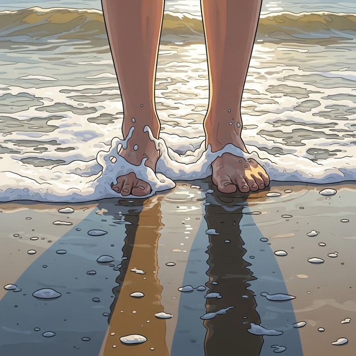A close-up of bare feet standing at the shoreline, cold white foam sliding over pale skin as a spent wave retreats back into the sea