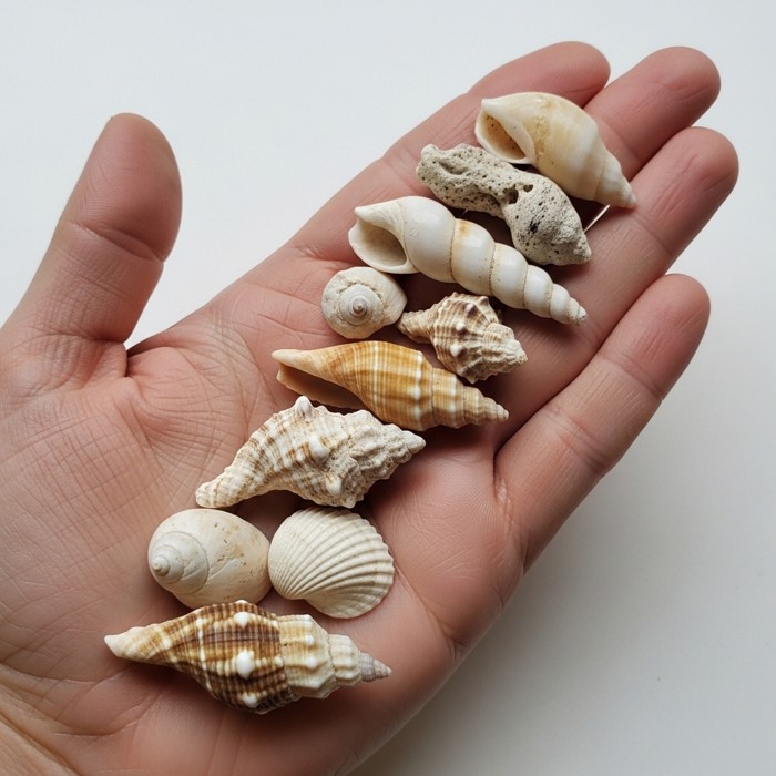 A cupped palm holding a mix of seashells side by side, some smooth and pearly white, others rough-edged and twisted into odd spiral shapes