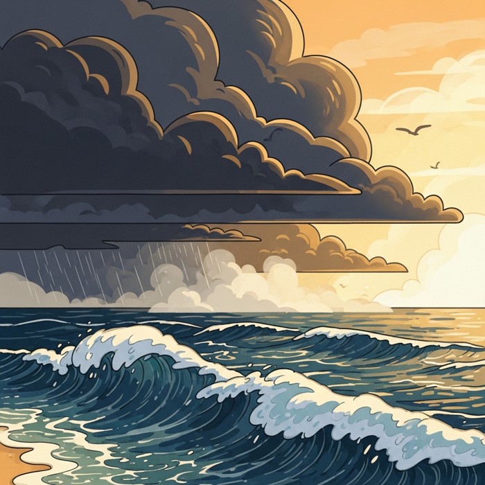 A dramatic coastal photograph of dark storm clouds gathering above churning ocean waves, heavy rain visible in the distance where warm current water meets cooler air.