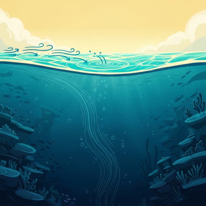 A cross-section illustration of the ocean split in two: wind arrows dragging a bright turquoise surface current on top, and a darker, denser blue current sinking silently through the depths below.
