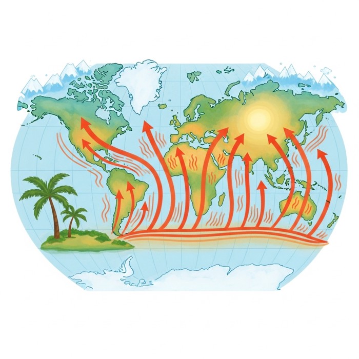 A world map illustration with warm red-orange current arrows sweeping from a sunlit tropical band up toward icy blue polar regions, radiating gentle heat waves along their path.