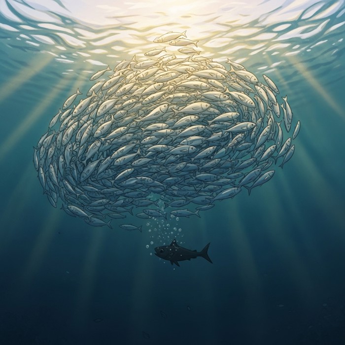 An underwater photo of a silver school of fish bursting upward toward the surface, with a dark predator shape visible below.