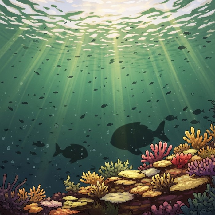 Underwater view of sunlight filtering through murky green water teeming with tiny organisms and fish shadows near a coral shelf.
